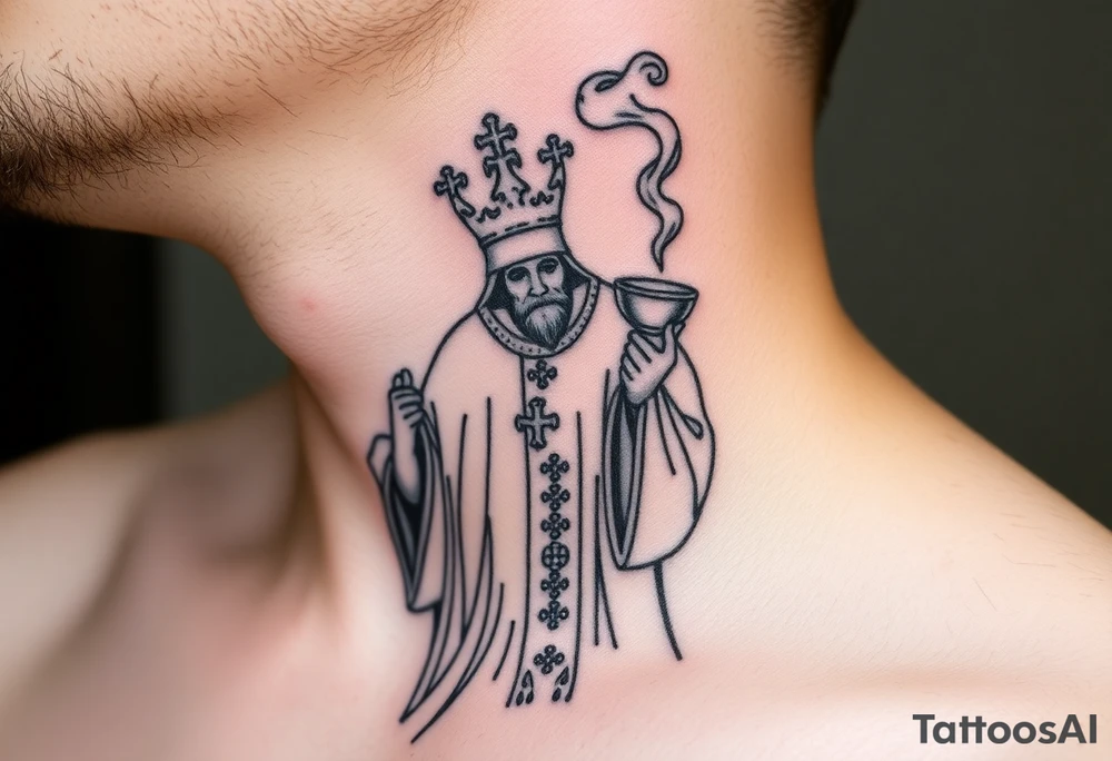 Russian Orthodox Priest in fully detailed vestment swinging a censer with smoke curling upward tattoo idea