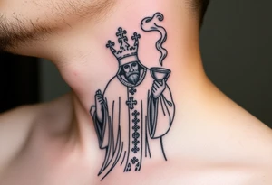 Russian Orthodox Priest in fully detailed vestment swinging a censer with smoke curling upward tattoo idea