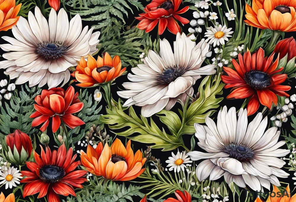 sideways oval of wildflowers cascading with thistles, ferns, white anemones, sun flowers, red flowers, black flowers, buttercups, orange flowers, babys breath and daisies all in watercolor tattoo idea