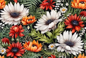 sideways oval of wildflowers cascading with thistles, ferns, white anemones, sun flowers, red flowers, black flowers, buttercups, orange flowers, babys breath and daisies all in watercolor tattoo idea