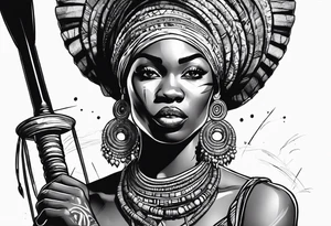 African woman warrior holding spear with deadlocks and earrings. With African setting in the background tattoo idea