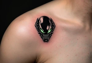 A detailed Xenomorph head with sleek black exoskeleton, glowing green eyes that radiate eerie light, set against a dark, misty background. tattoo idea