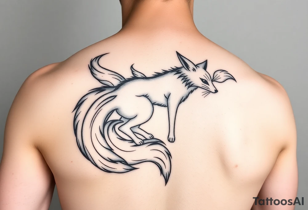 feminine fox of nine tails, the tails are flowy and end looking like flames. The tails wrap around the shoulder body curves and head ending below the armpit tattoo idea