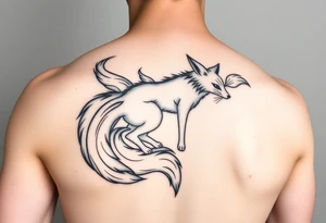 feminine fox of nine tails, the tails are flowy and end looking like flames. The tails wrap around the shoulder body curves and head ending below the armpit tattoo idea