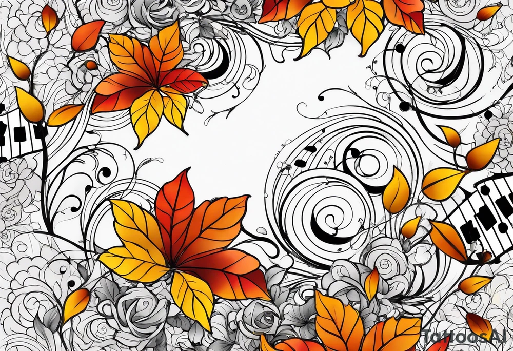 arm sleeve with fall colors, flowers, water, leaves and various shapes, music staff tattoo idea