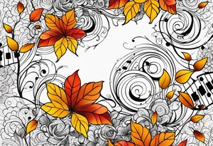 arm sleeve with fall colors, flowers, water, leaves and various shapes, music staff tattoo idea