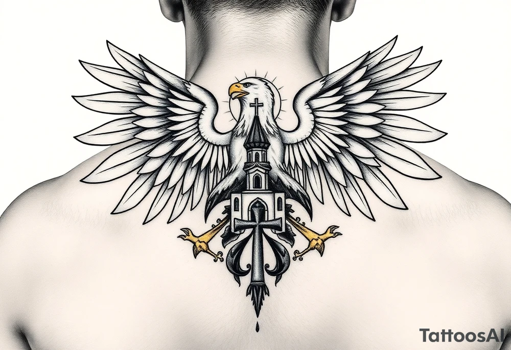 an actual russian coat of arms with the eagles wings spanning out on my back neck across my shoulders / traps with a orthodox christian church being visible in a mountainous sun beaming setting, with the russian orthodox cross spire of the orthodox church being visible on my neck with a sun beaming in the background that the cross sits inside tattoo idea