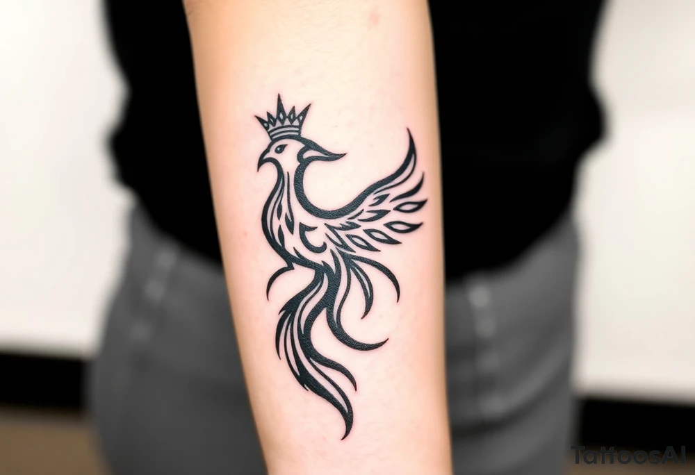 Pheonix wearing a crown with flowy long tail tattoo idea