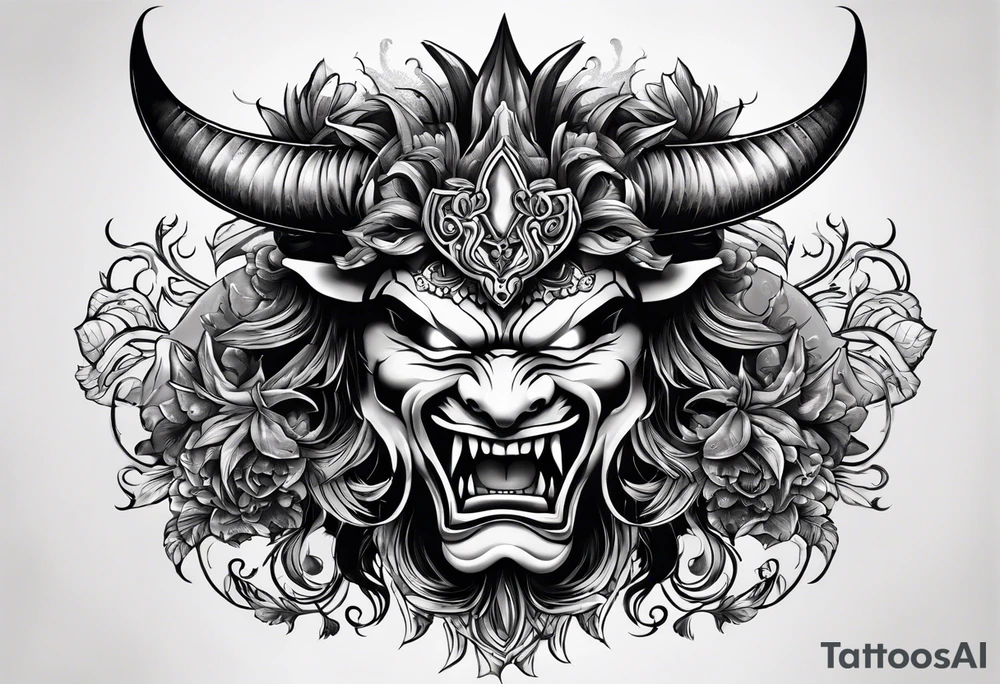 Uma gueixa usando máscara de oni tattoo idea