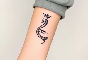 I want a small simple silhouette lines black and white wrist majestic royal snake tattoo that has number 12821 on its body along and also I want it to represent feminine energy crown queen Cycle tattoo idea