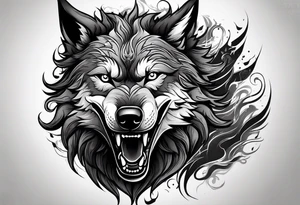 scary wolf head with dark smoke body running tattoo idea