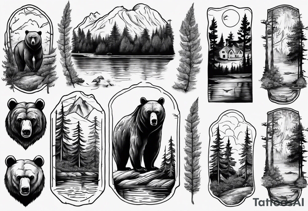 bear, forest, lake, appalachia, arm sleeve tattoo tattoo idea