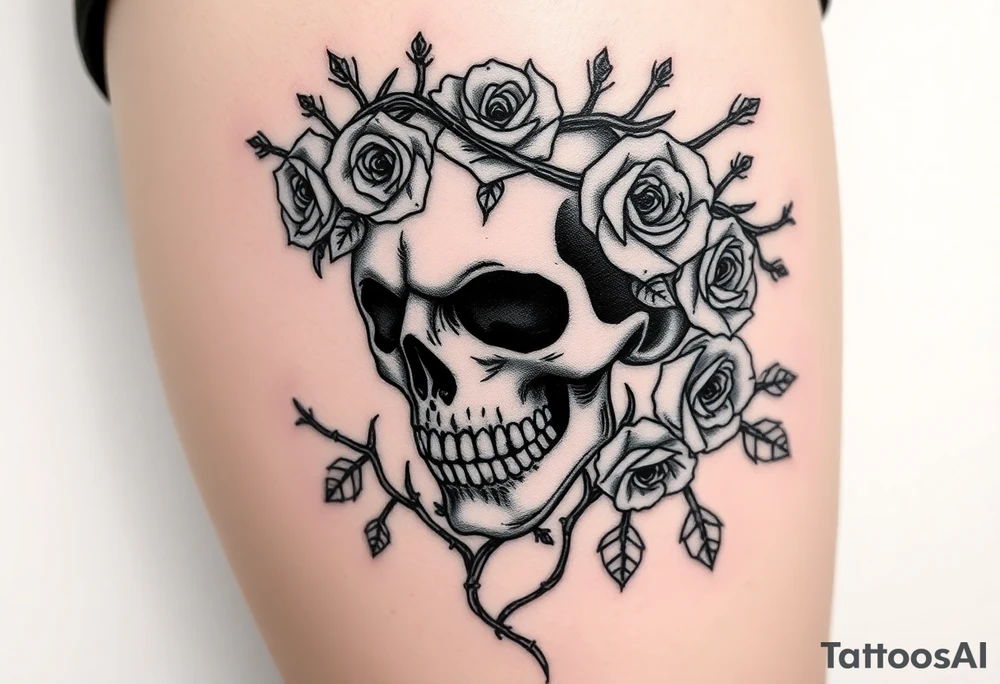 ornate skull adorned with crown of wild roses and thorns tattoo idea