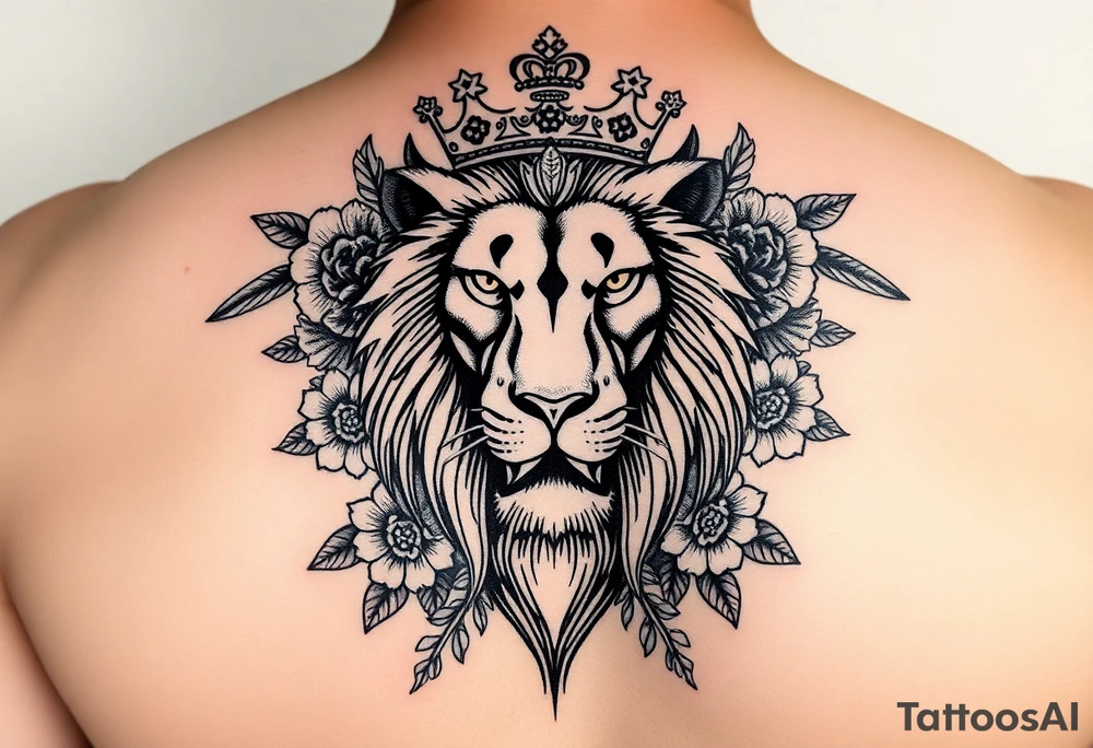 powerful majestic lion with a crown, surrounded by floral ornaments and birds tattoo idea