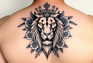 powerful majestic lion with a crown, surrounded by floral ornaments and birds tattoo idea