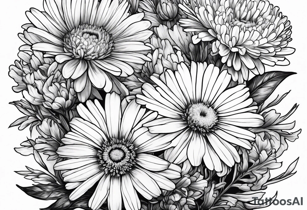 botanical illustration of aster, daisy, and carnations tattoo idea