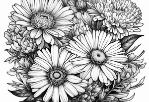 botanical illustration of aster, daisy, and carnations tattoo idea