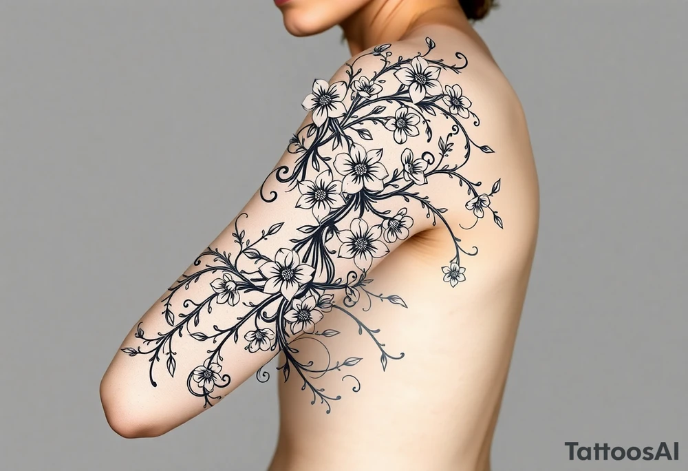 Celestial flowing swirling design elements entangled with a wild overgrown flowering vine tattoo idea
