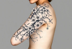 Celestial flowing swirling design elements entangled with a wild overgrown flowering vine tattoo idea