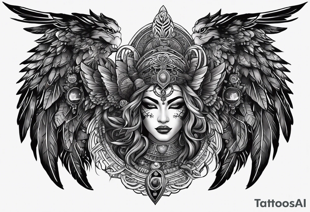 black kali, goddess pirate, alien, angel, pachamama, valkrye, warrior, flying, skull, lotus azul, wing, eagle, zenza resonance, stars, 5D, anahata chakra, death, durga, riding on a tiger, flying lady, kundalini, chest tatoo, samuri, rebel tattoo idea