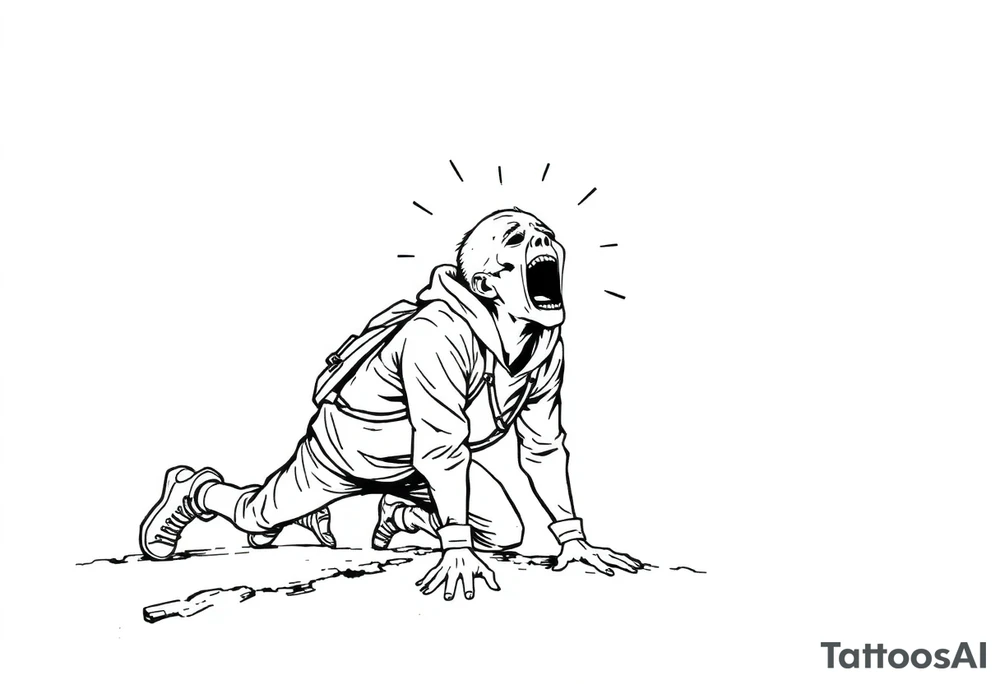 Confusion and pressure in thin lines on screaming solo traveler with no face with his body parts left on the path he’s crawling tattoo idea