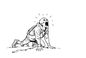 Confusion and pressure in thin lines on screaming solo traveler with no face with his body parts left on the path he’s crawling tattoo idea