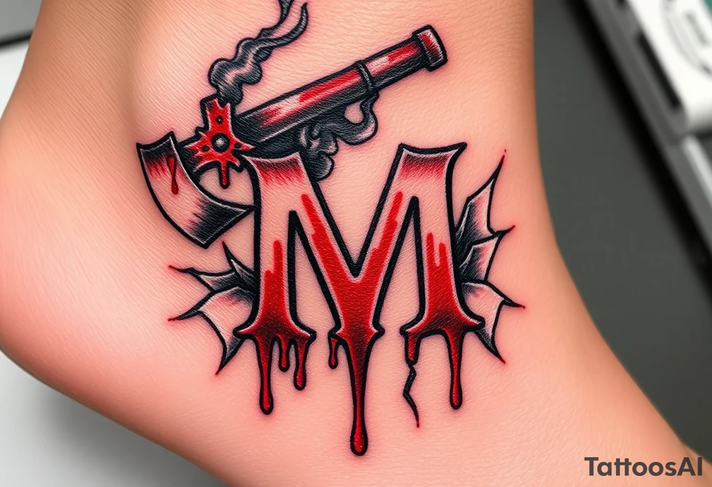 A Stylized M In The Shape Of A Deadly Axe Dripping Blood Surrounded A Stylized M In The Shape Of A Deadly Axe Dripping Blood Surrounded
