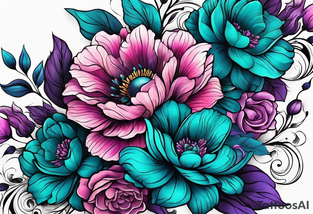 Teal, pink and purple flower sleeve tattoo idea