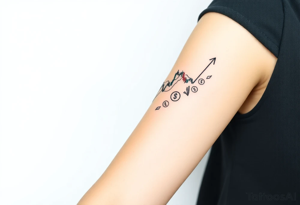 Create a unique tattoo design for a Forex trader. Include symbols of trading like a bullish candlestick chart, currency symbols (e.g., EUR, USD, GBP, JPY), and creative elements representing financial growth and strategy. The style should be minimalist black linework, modern and elegant, suitable for an arm or forearm tattoo.” tattoo idea