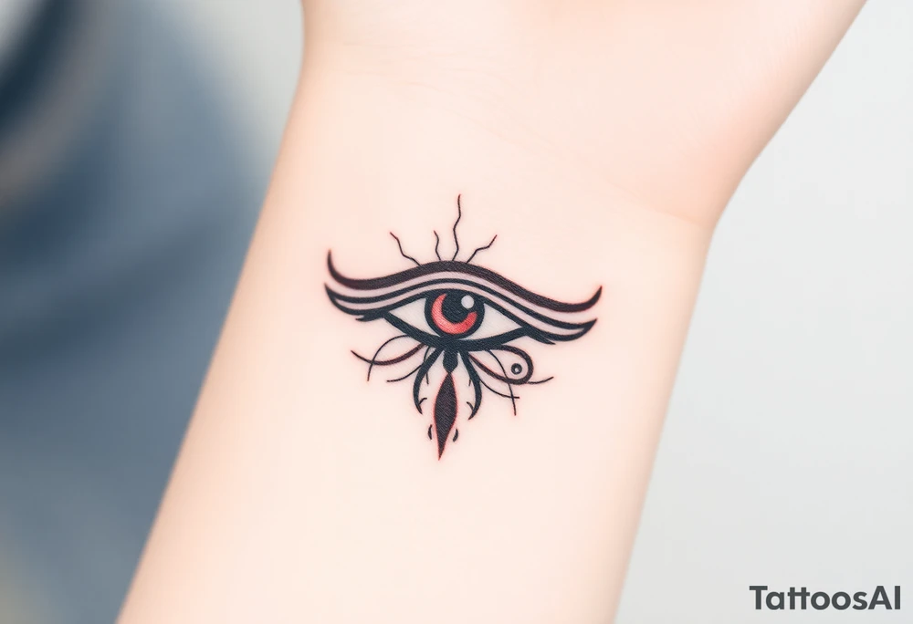 A black and crimson Eye of Horus, with cracks forming around it, symbolizing power emerging from chaos tattoo idea