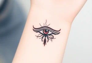 A black and crimson Eye of Horus, with cracks forming around it, symbolizing power emerging from chaos tattoo idea