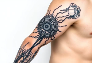 Bio-Mechanical internal computer, binary code, symbolism for 6 kids, 5 boys and youngest is a girl tattoo idea