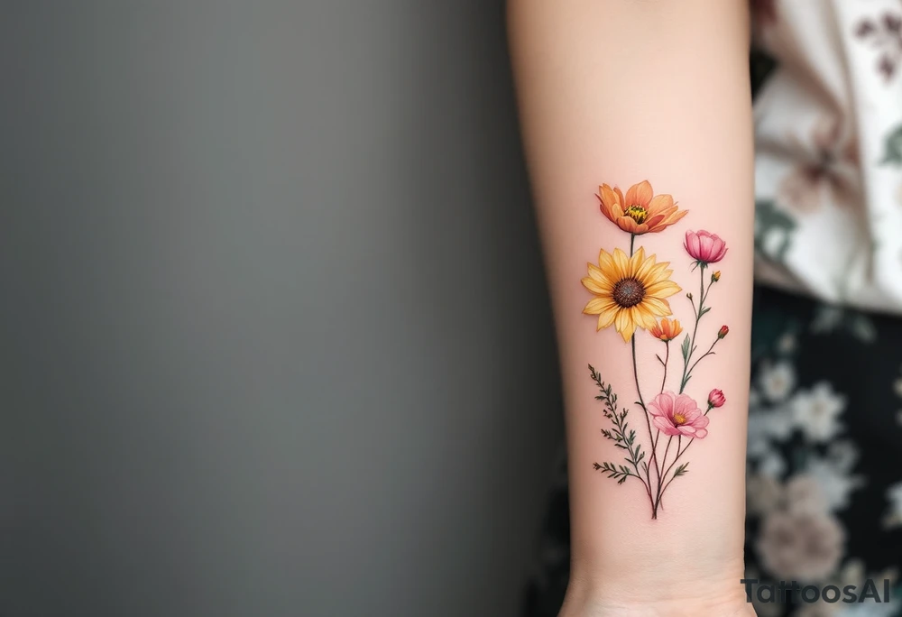 Small bunch of wild flowers including stargazer lilly, mini sunflowers, poppies and peonies with stems. Use the watercolour style inspired by Monet’s style with no outline on the florals. tattoo idea