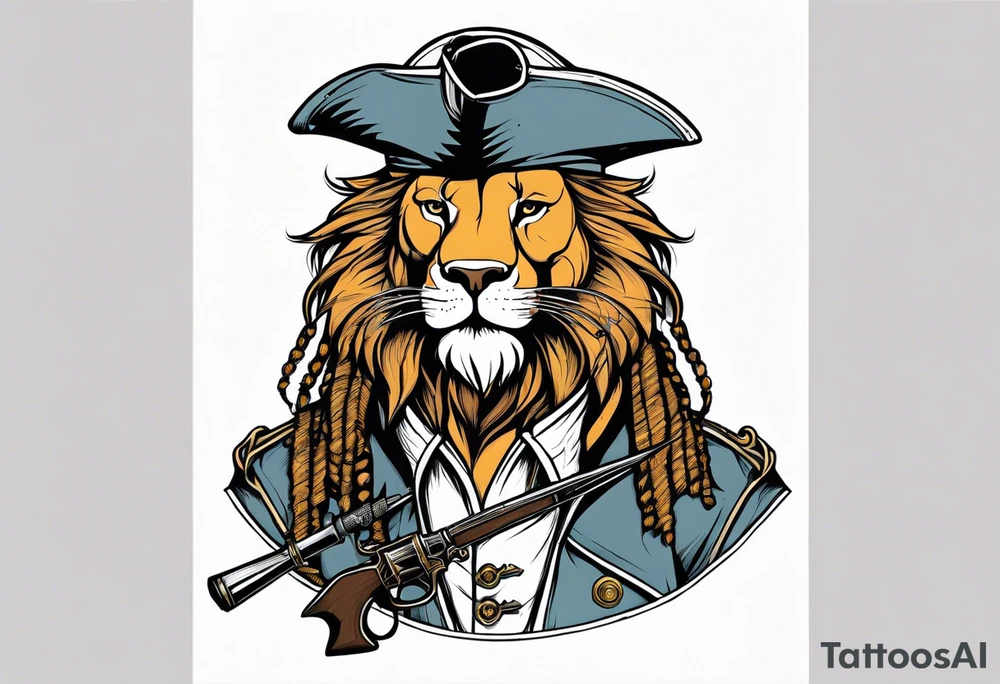 Pirate lion wearing jacket, sword and pistol, nautical steampunk theme. dreadlocks. pirate vessel tattoo idea