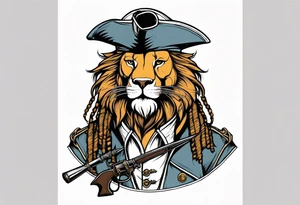 Pirate lion wearing jacket, sword and pistol, nautical steampunk theme. dreadlocks. pirate vessel tattoo idea