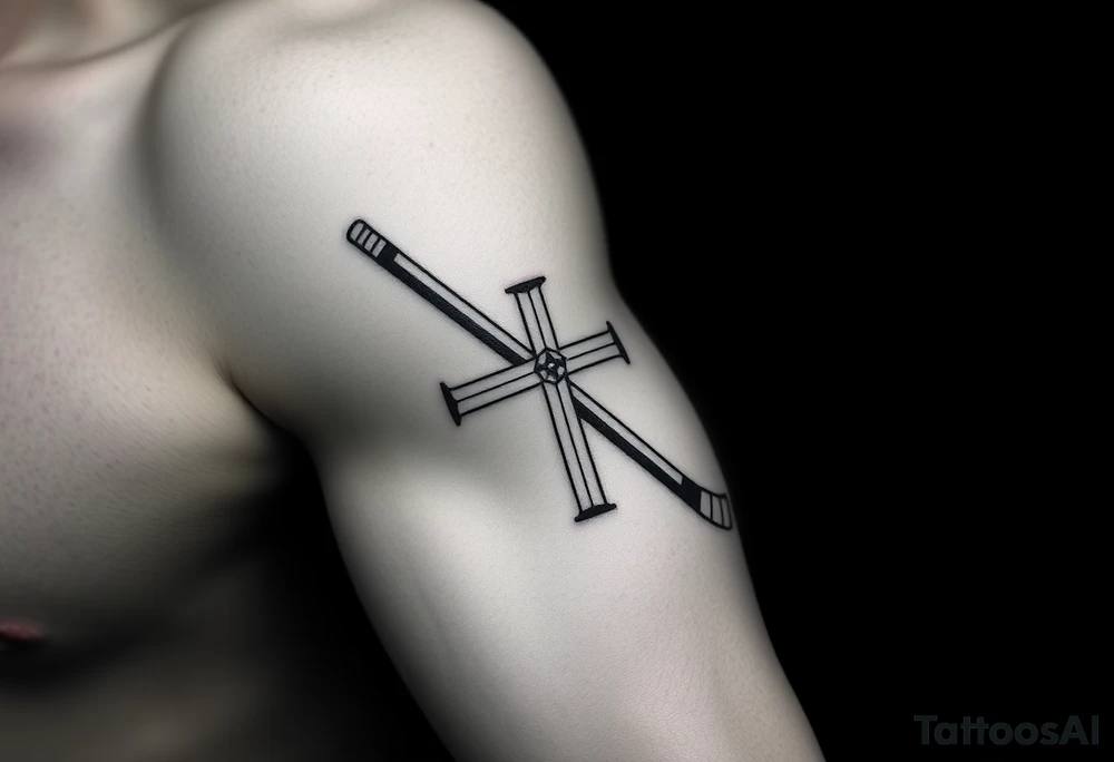 Realistic hockey stick made as a cross tattoo idea