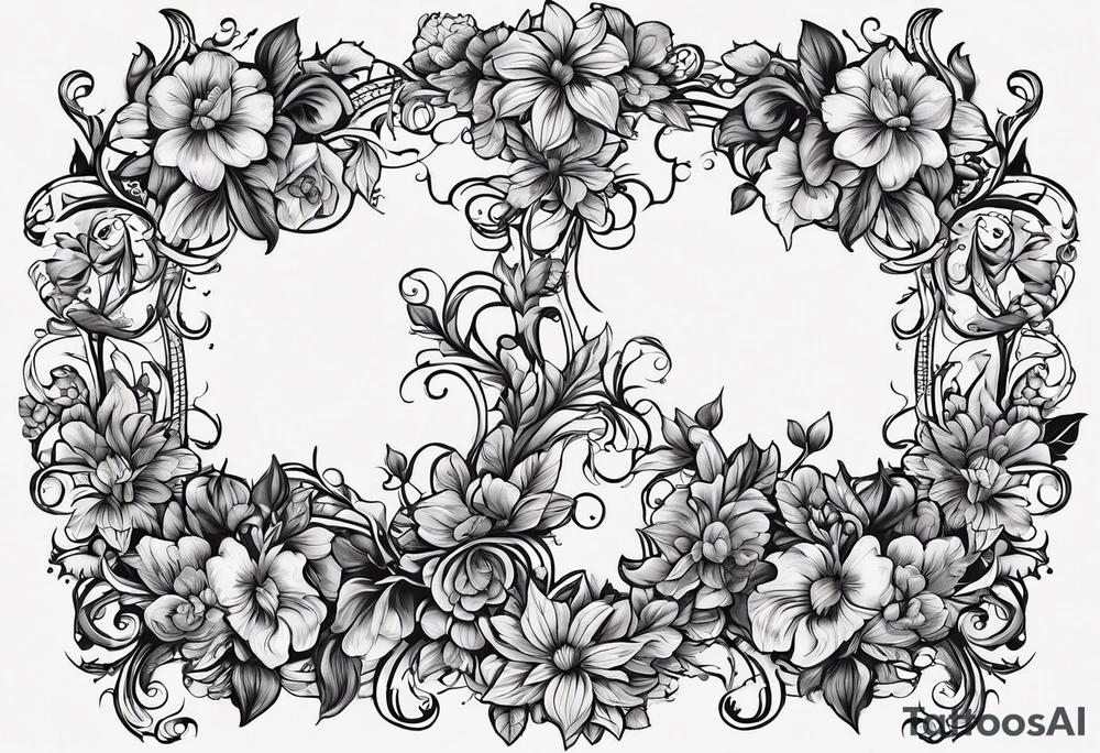 A vine around my ankle with my kids names and birthflowers: Justin born in August, Ruby born in November, Dalton born in February, Austin born in September, Tyler born in January, Dennis born in July and Tanner born in July tattoo idea
