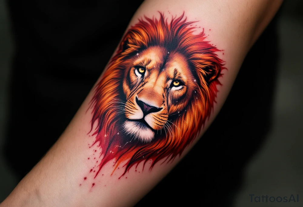 The lion’s silhouette is painted in fiery reds and oranges, with the Leo star constellation mapped across its chest in white. tattoo idea