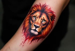 The lion’s silhouette is painted in fiery reds and oranges, with the Leo star constellation mapped across its chest in white. tattoo idea
