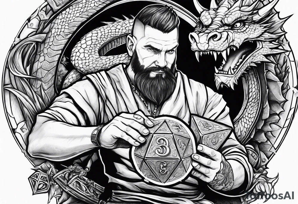 Dungeon Master holding a D20 surrounded by a dragon tattoo idea Dungeon Master holding a D20 surrounded by a dragon tattoo idea
