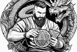 Dungeon Master holding a D20 surrounded by a dragon tattoo idea