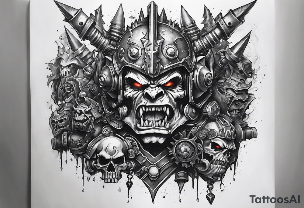 Full sleeve Warhammer orks machine theme tattoo idea