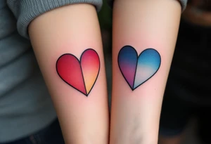 Matching black outline hearts filled with half red and half blue gradient, representing individuality and connection. tattoo idea