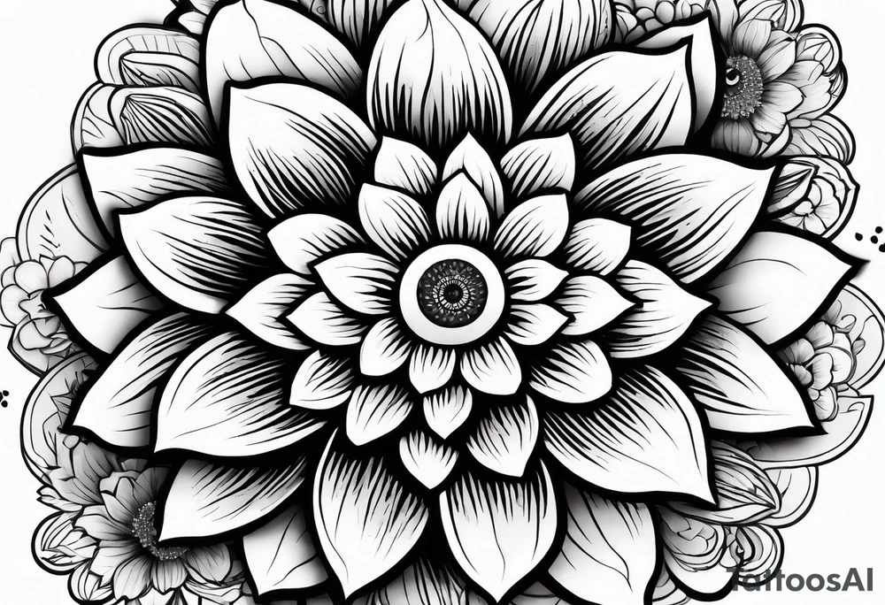 Flower with human eye in the center and petals falling tattoo idea