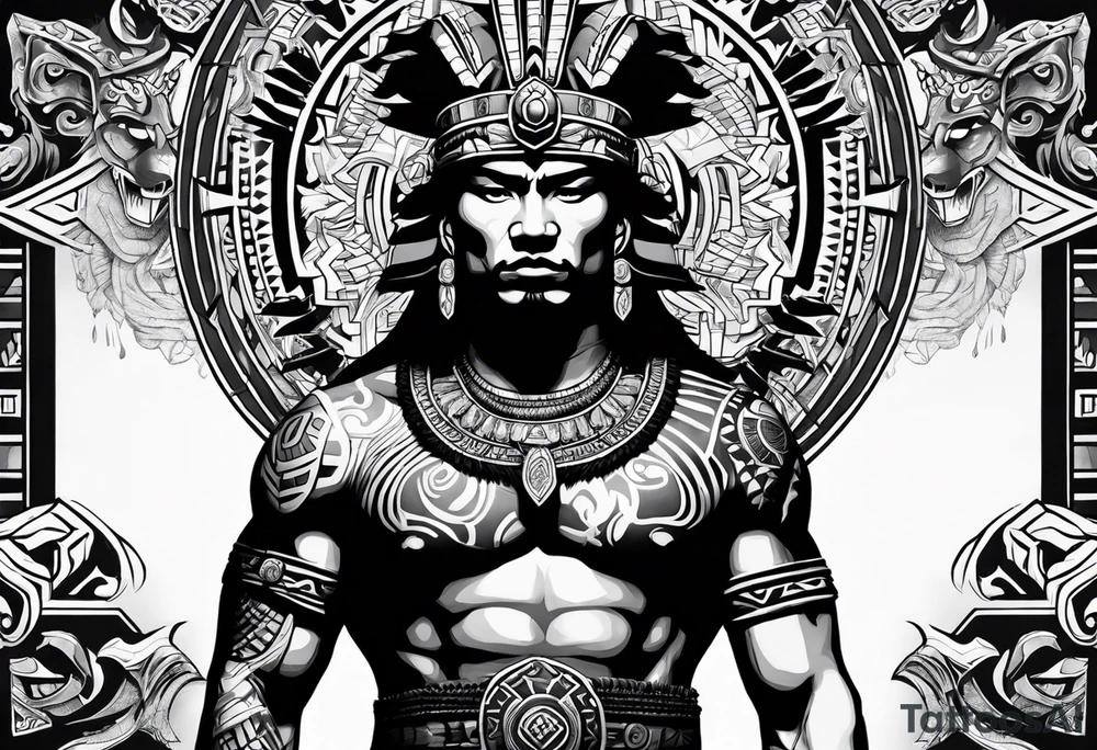 Aztec warrior full body with aztec symbols in the back ground and a tiger pelt on the warriors head tattoo idea