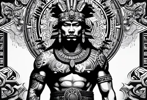 Aztec warrior full body with aztec symbols in the back ground and a tiger pelt on the warriors head tattoo idea