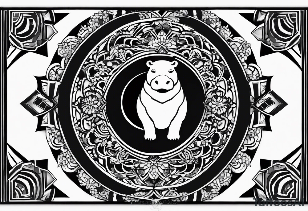Very asymmetrical, +geometric pattern, with realistic full moon, with seeious looking hippo, +zen feel, + Buddhism touch, +tribal, +geometric
with wintersweet flower bud, +portrait orientation, +inkart touch, tattoo idea