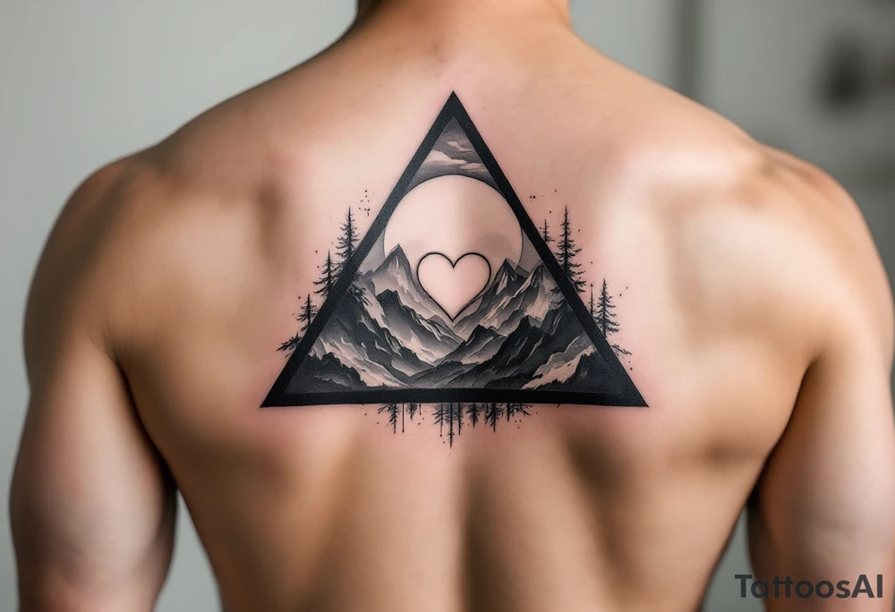 A triangle with a big heart in the cente with a mountain theme tattoo idea