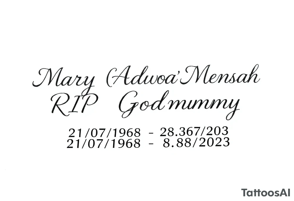 a message saying: Mary "Adwoa" Mensah, RIP Godmummy, 21/07/1958 - 28/07/2023 tattoo idea