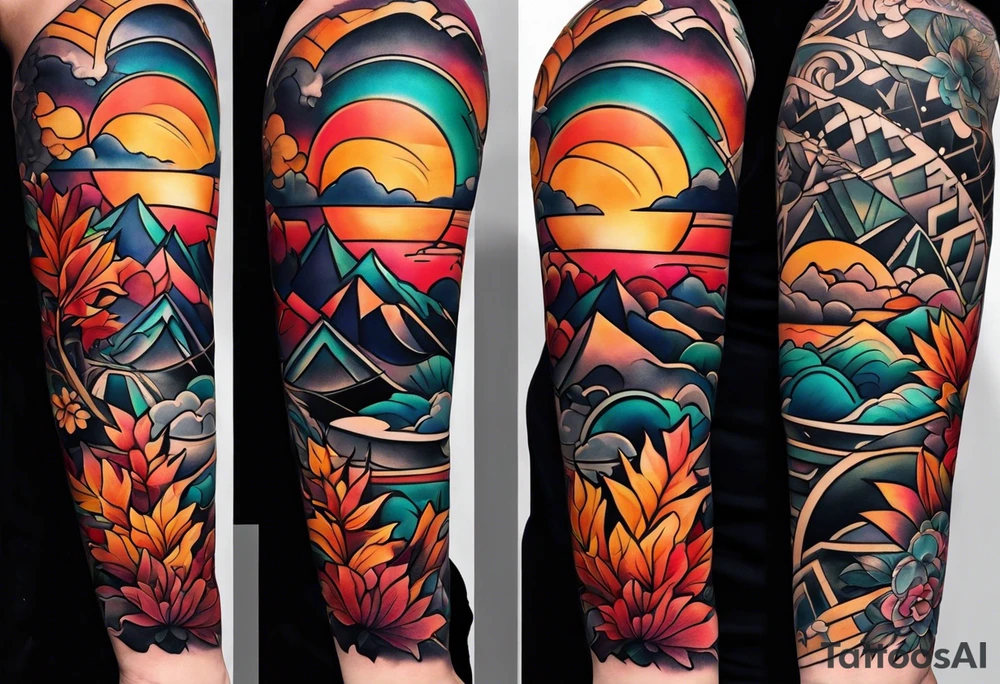 Full arm sleeve with fall colors and shapes tattoo idea